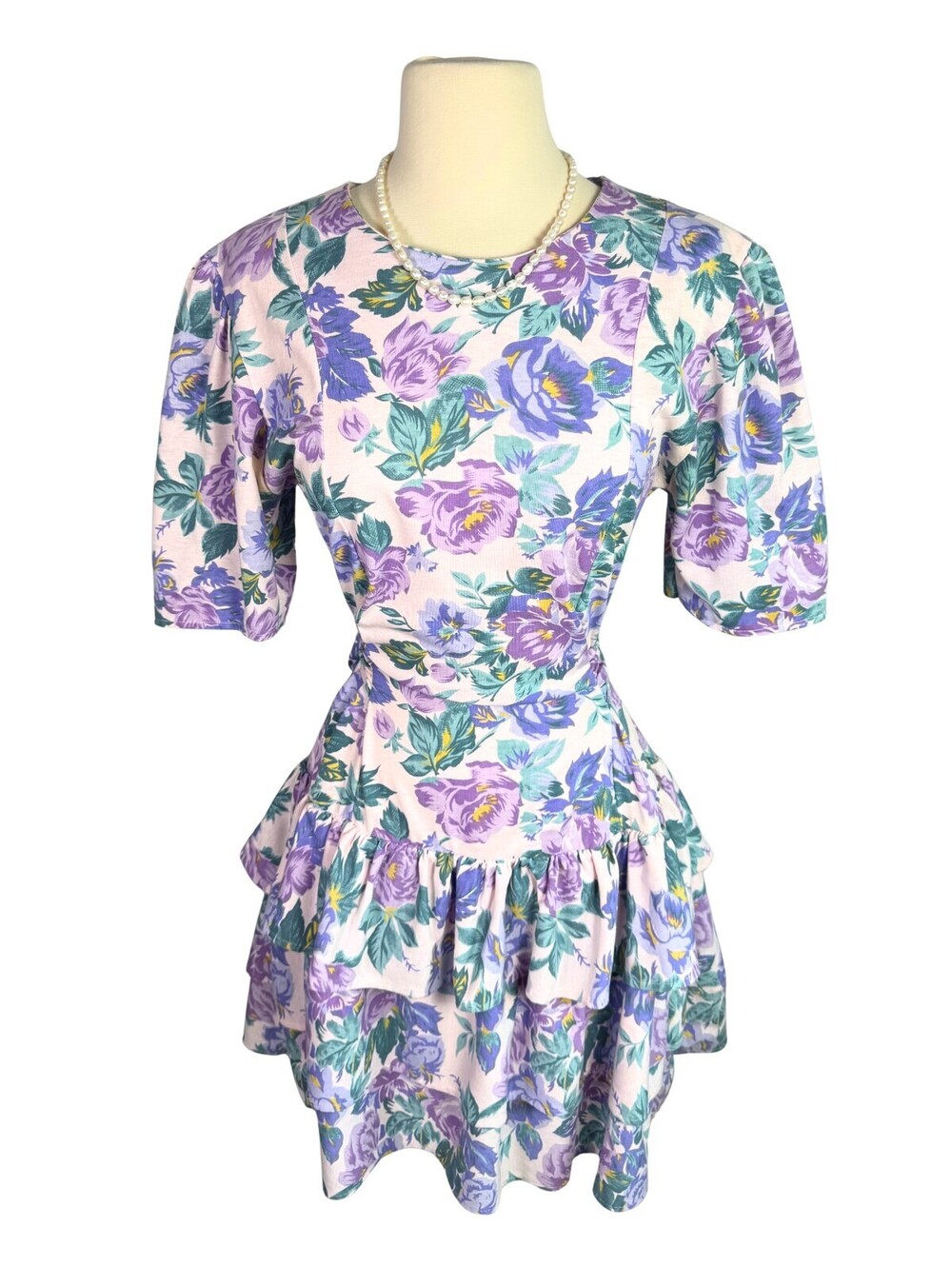 Vintage 80s Floral Cottagecore Dress Handmade Pink Purple Dropwaist Small